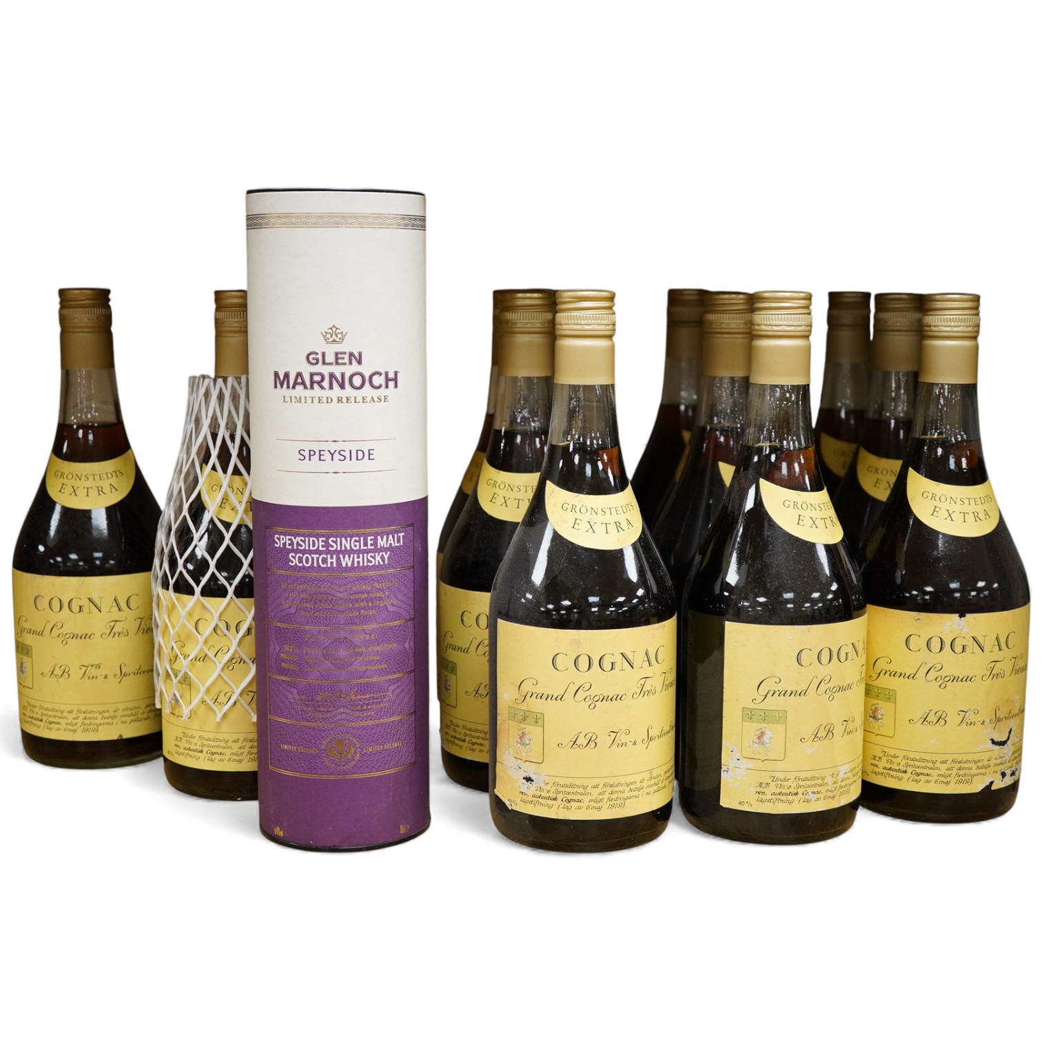 Gronstedts Extra Grand Cognac Fres Vieux, thirteen bottles and Glen Marnoch limited release Speyside single malt scotch whisky, one bottle in container (14)